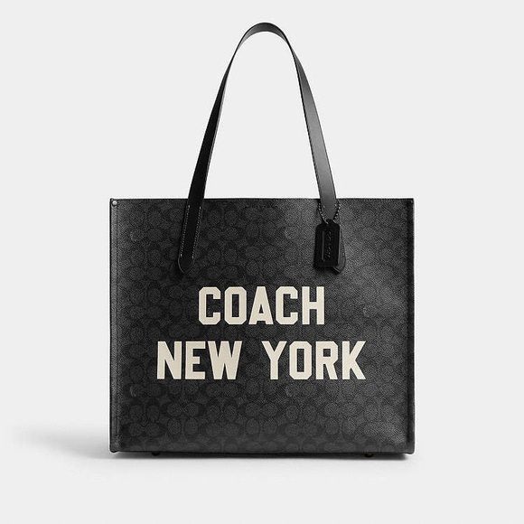 NWT Relay Tote Bag In Signature Canvas With Coach Graphic Charcoal Black CY806